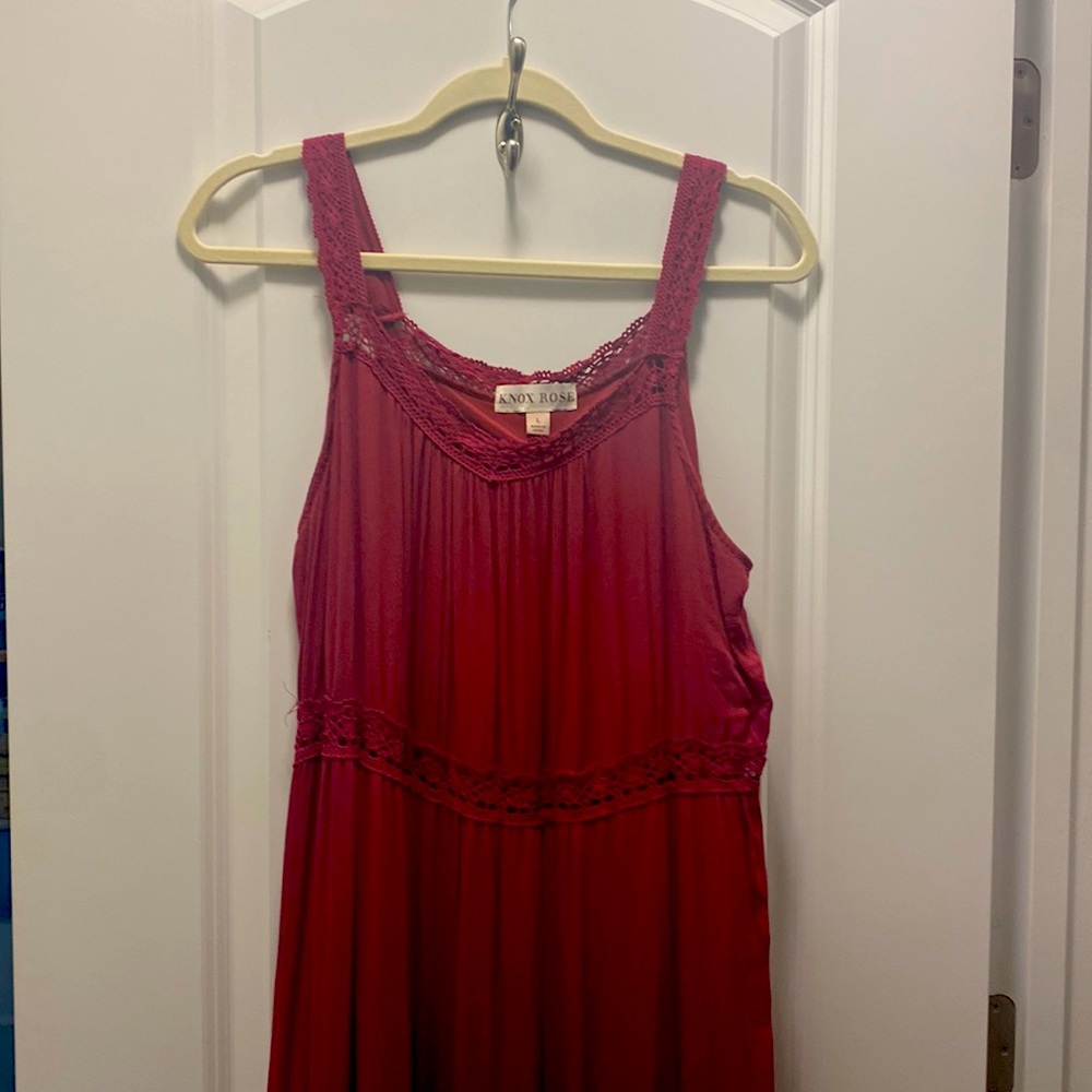 KNOX ROSE CRANBERRY MAXI DRESS SLEEVELESS BOHO CROCHETED ACCENTS L LARGE